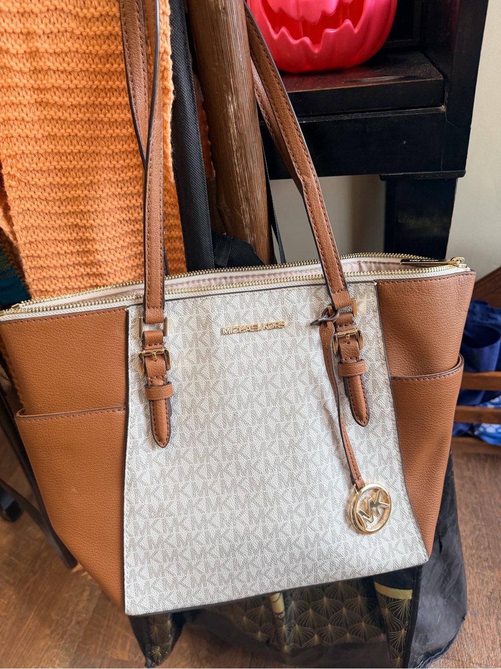 Michael Kors Tan and Cream Signature Tote with Gold Hardware